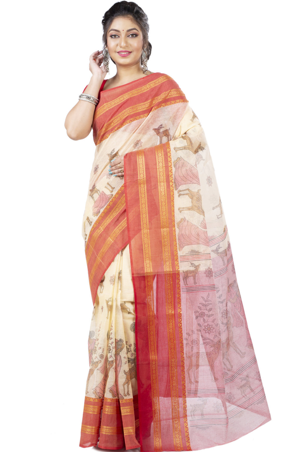 Red Pure Cotton Sakuntala Tant Saree Print (1829)